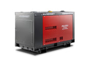 An industrial genset generator on a white background, featuring a dark grey outer cabinet and a red front panel with vents and branding.