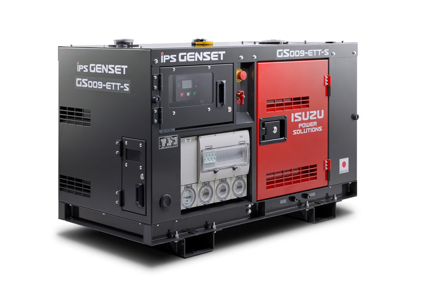 A dark grey and red Isuzu Power Solutions genset generator with IPS Genset branding, shown from a three-quarter angle on a white background.