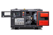 An IPS Genset GS009-ETT-S portable generator set shown from the front against a white background, with its side panels open to reveal the engine compartment, control panel, and red accessory compartments.