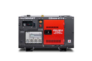 An Isuzu Genset GS009-ETT-S portable power station in a dark grey and red colour scheme, shown from a front three-quarter angle on a white background.