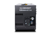 An Isuzu diesel genset generator, model GS009-ETT-S, shown from the side on a white background. The unit is dark grey with white printed branding and a visible open electrical panel showing internal wiring and components.