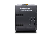 An Isuzu Genset GS009-ETT-S portable generator shown from the side, featuring a dark grey metal casing with ventilation grilles and port access panels, on a white background.