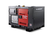 A dark grey and red Isuzu Power Solutions genset generator on a clean white background. The unit features a dark grey metal housing with a prominent red front panel displaying the 'ISUZU POWER SOLUTIONS' logo and various control interfaces on the left side.