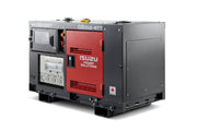 Isuzu Genset GS012-ETT portable power station in dark grey and red, shown from a three-quarters angle on a white background.