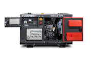An open Isuzu Genset GS012-ETT portable generator showing its internal engine components, control panel, and red storage compartments on a white background.