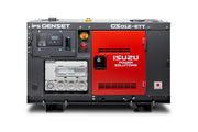 An Isuzu Genset GS012-ETT generator set with a dark grey and red industrial design, featuring a digital control panel, fuel gauge, and multiple electrical outlets on a white background.