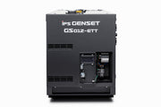 An industrial genset generator shown from the side, featuring a dark grey metal casing with the white text 'IPS GENSET GS012-ETT' on the upper back panel and an open compartment revealing internal electrical components.