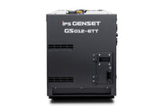 A dark grey industrial generator shown from the side, featuring the white text 'IPS GENSET' and model 'GS012-ETT' on its side, set against a plain white background.
