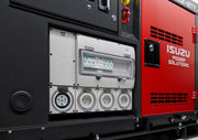 Close-up of an Isuzu Power Solutions generator showing the electrical panel with multiple outlets and a red branded side panel.
