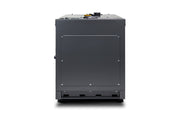 A dark grey industrial machine or cabinet shown from the side, featuring a large flat panel on the back, a top-mounted control or connector unit, and small feet at the base, photographed on a clean white background.