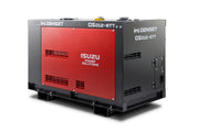 An Isuzu Genset GS012-ETT portable power station in black and red, shown from a three-quarters angle on a white background.