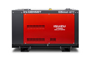 An Isuzu Power Solutions IPS Genset GS012-ETT portable generator set, featuring a bold red front panel and a dark grey metal frame, shown against a plain white background.